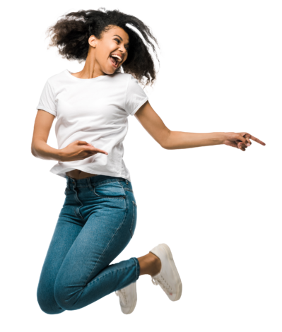 Smiling woman jumping and pointing at Alan + Company branded content marketing services